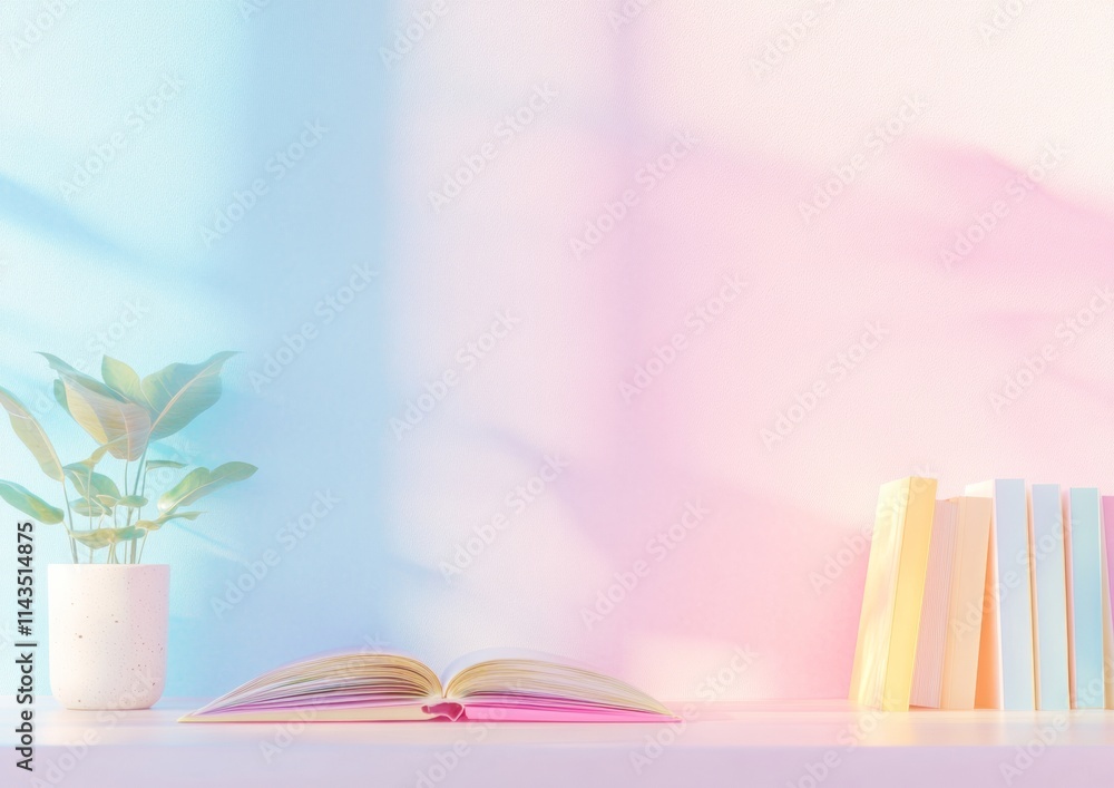 Poster dreamlike study scene with pastel tones and open book on minimalist table