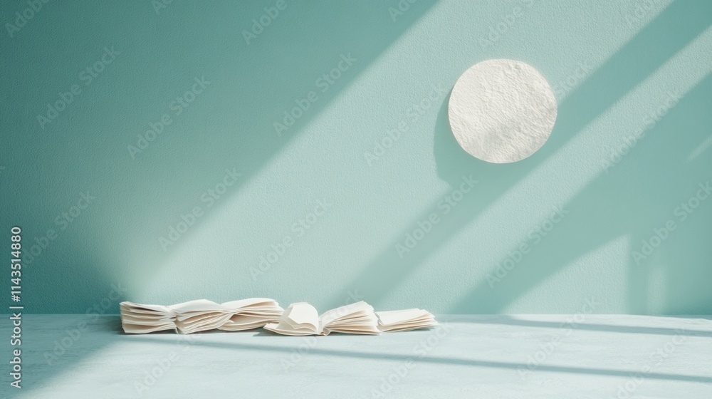 Poster surreal moonlit study hall with scattered books and abstract shadows