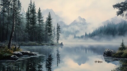Misty Mountain Lake at Dawn: A Digital Painting of Alpine Serenity. AI Generated