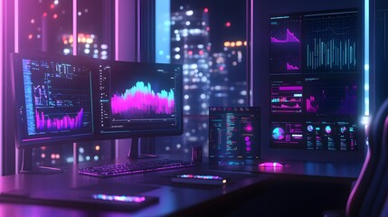 A vibrant workspace with glowing holographic graphs enhancing productivity planning