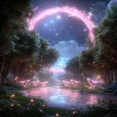 Obraz premium Enchanted Forest with Ethereal Animals under Celestial Phenomena