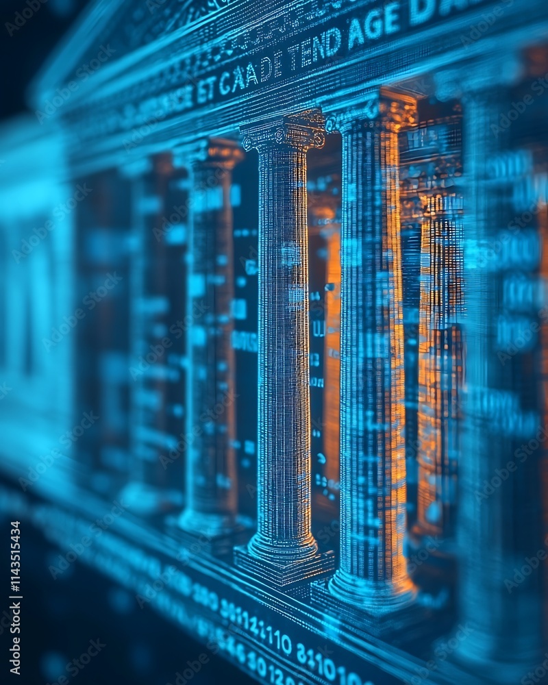 Poster a futuristic depiction of digital columns, symbolizing data and technology, with glowing elements an