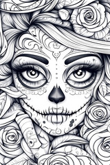 Fototapeta premium A woman's face is drawn with a skull and roses. The skull is surrounded by roses, and the woman's eyes are looking at the viewer. The image has a dark and eerie mood, with the skull