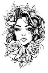 A woman with long hair and a rose in her hair. The roses are in the foreground and the woman is in the background