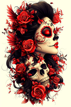 A woman with a skull and roses on her face. The skull is on the left side of the woman and the roses are on the right side. The woman has red lips and red eyes. Scene is dark and mysterious