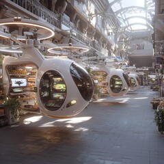 Fototapeta premium Futuristic Technology Hub with Advanced Hovering Vehicles on Display