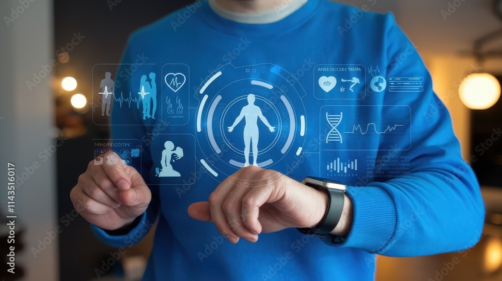 Poster man interacts with digital health interface displaying vital signs