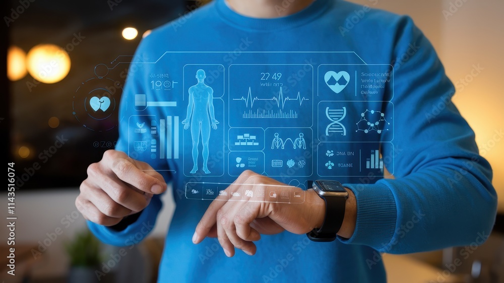 Poster man interacts with futuristic health monitoring interface