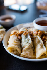 Spring roll made from egg. Close up