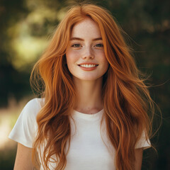 Naklejka premium Captivating portrait of a smiling young woman in a natural outdoor setting casual attire warm sunlight natural beauty concept