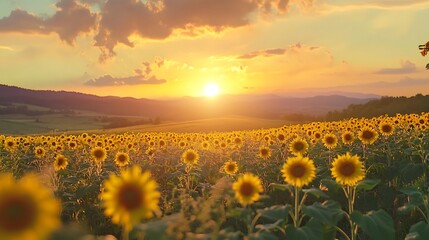 Fototapeta premium Golden Hour Sunflowers: Sunset Landscape Photography. AI Generated