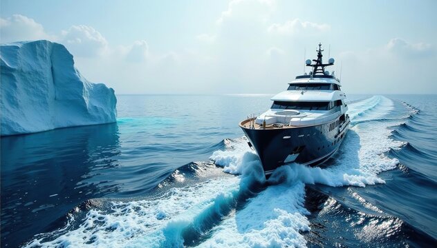 A yacht's hull rides the waves as it approaches an icy berg, vessel, ocean