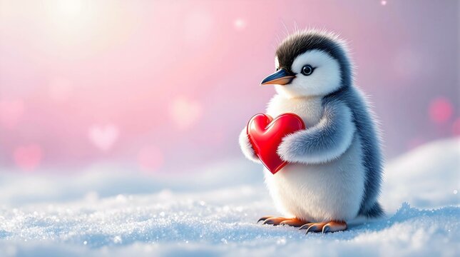 pastel dreamy penguin chick holding a glossy red heart on icy terrain with pink and white hues, romantic winter vibe with copyspace. ideal for love and valentines day