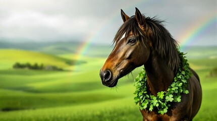 A horse adorned with a wreath of green clovers around its neck stands in a lush, green landscape with rolling hills and a rainbow arching across the sky. Ideal for nature, St. Patrick's Day