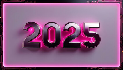 Futuristic 2025 New Year's Greeting: Neon Pink and Metallic Design
