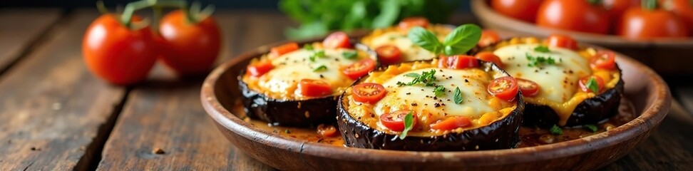 Baked eggplant with melted cheese and fresh tomatoes on a rustic wooden plate,, baked eggplant, home cooked meal