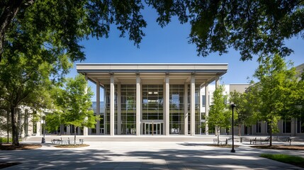 Obraz premium Courthouse building exterior view with classical architecture and flagpole, symbolizing justice, authority, and public trust in legal systems