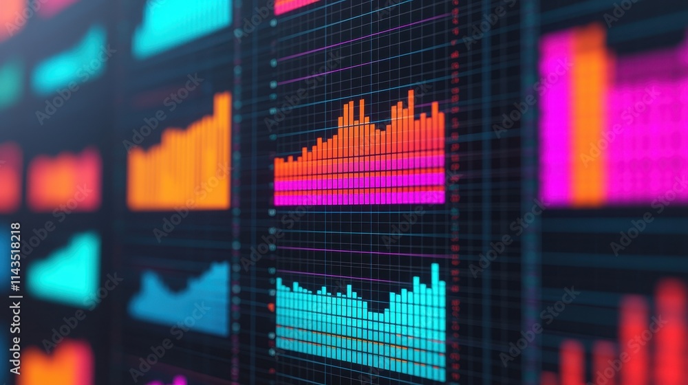 Poster colorful financial graphs and data visualizations on dark background