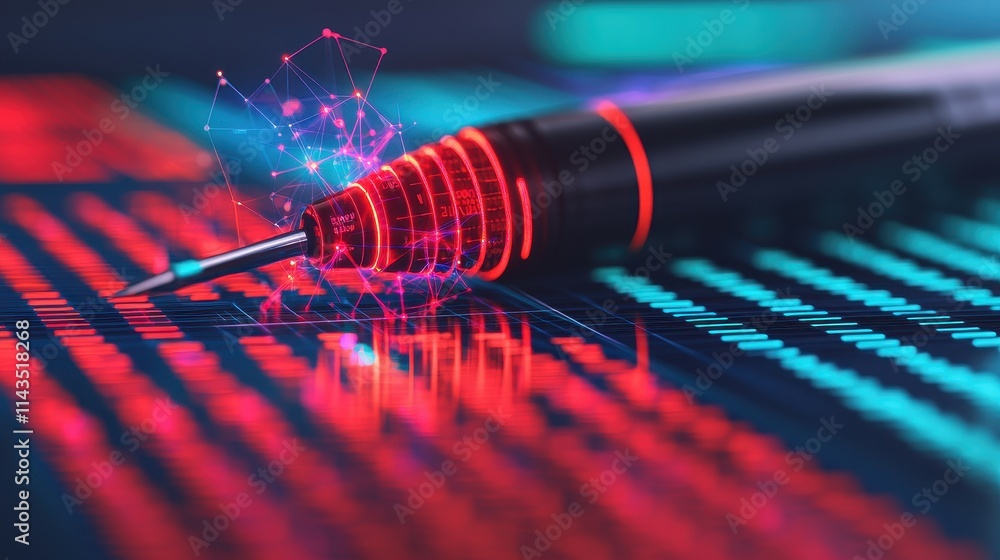 Aufkleber digital pen over neon data visualization background with network