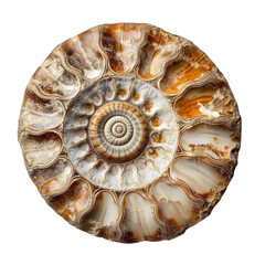 a fossilized ammonite with a spiral shape. showcasing the intricate patterns and details of the ancient creature's shell the fossil is isolated on a transparent background