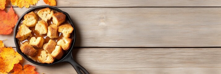 Fototapeta premium Rustic Bread Pudding in Cast-Iron Skillet with Caramel and Cinnamon