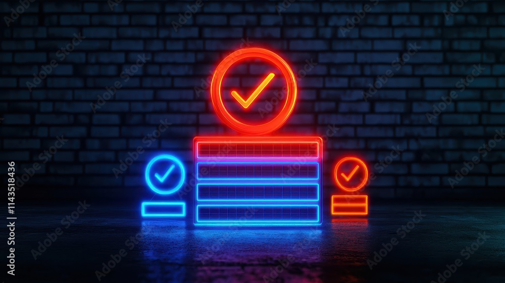 Poster neon symbols of approval with checkmarks on dark background