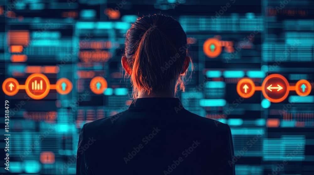 Poster woman analyzing data on futuristic digital display with graphics