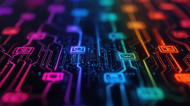 Colorful Digital Circuit Background with Technology Symbols