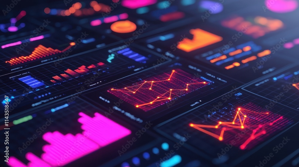 Poster vibrant digital data visualization with colorful graphs and charts