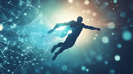 Naklejka premium Digital Art: Superhero Soaring Through a Networked Cosmos. AI Generated