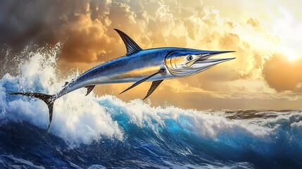 Fototapeta premium Soaring Fish Digital Painting Fantasy-Inspired Art Above Ocean Waves. AI Generated
