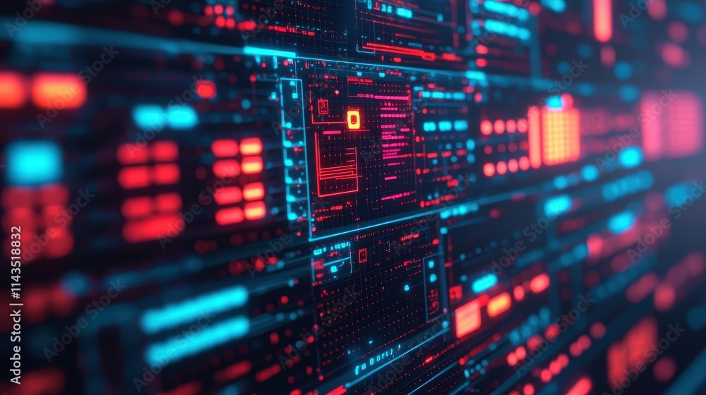 Poster digital data visualization with neon blue and red elements