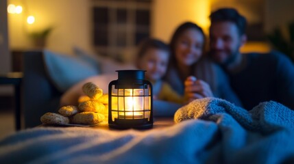 Cozy Family Moment with LED Lantern During Evening Power Outage