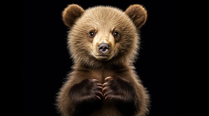 Obraz premium Adorable brown bear cub on black background.