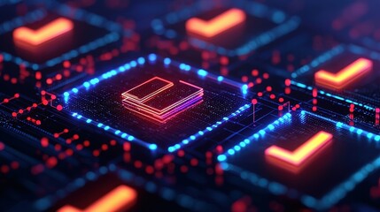 Neon Check Mark Icons With Glowing Effects On Digital Background
