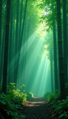 Bamboo forest with misty atmosphere and foggy conditions, greenery, nature scene