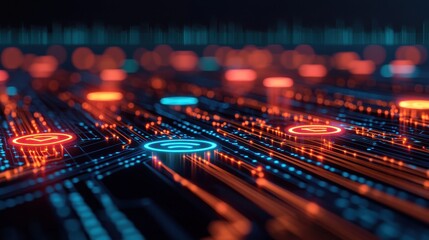 Obraz premium Abstract Digital Background with Colorful Nodes and Circuit Design