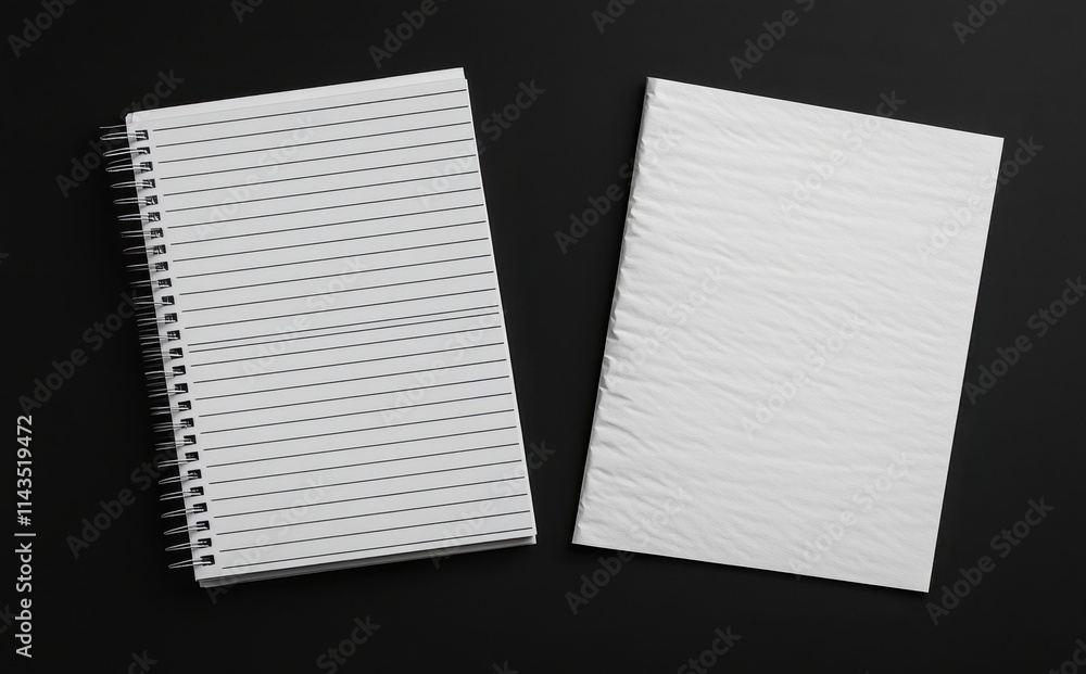 Poster blank notebooks with spiral binding on black background, one open with lines and one closed with tex