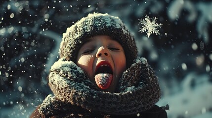 A child dressed in a warm scarf and hat, catching snowflakes on their tongue