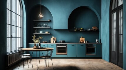 Teal kitchen with arched alcoves, round table, and window.