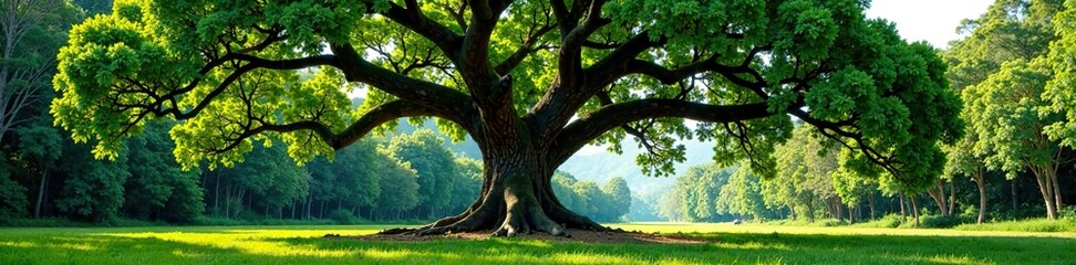 Naklejka premium Banyan tree with its sprawling branches forming a canopy over a small clearing, forest, trees, clearing