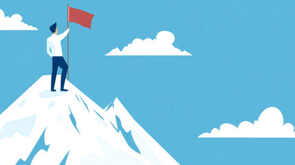 A person stands triumphantly on a mountain peak, holding a red flag against a clear blue sky, symbolizing achievement and success.