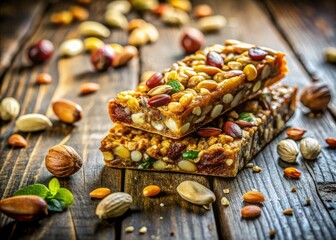 Nourishing homemade snack bars: nuts, seeds.  Double exposure photography captures their wholesome essence.