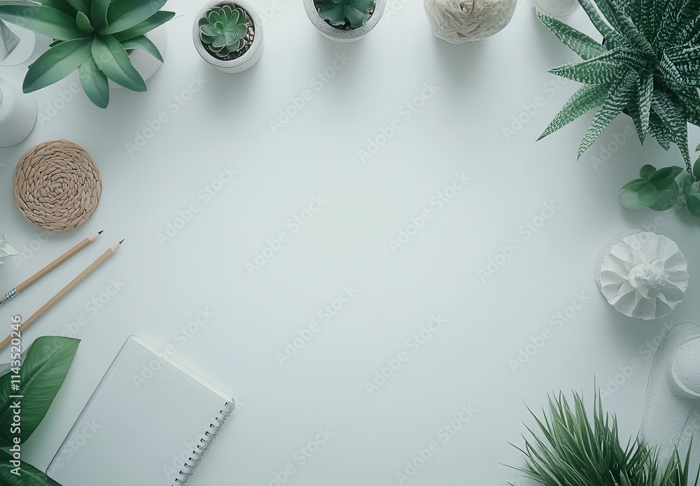 Aufkleber calm and inviting workspace with greenery and stationery items set on a light background for minimal