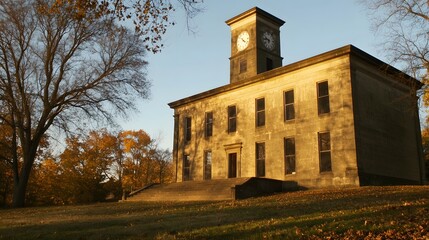 Naklejka premium Courthouse building exterior view with classical architecture and flagpole, symbolizing justice, authority, and public trust in legal systems