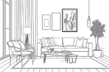 A vector depicting interior design furniture and decor, including a wooden coffee table with a cup of coffee or hot tea and a book, styled for a living room or bedroom in a flat style