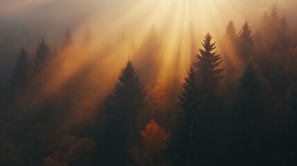 Obraz premium Golden Hour Sunlight Through Misty Forest Pines. AI Generated