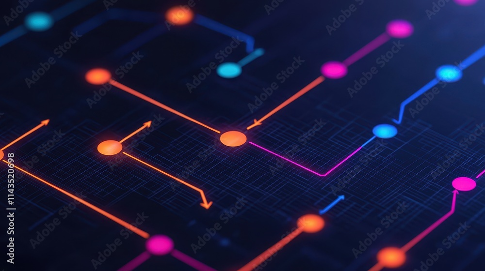Poster colorful abstract technology circuit with neon lines and dots