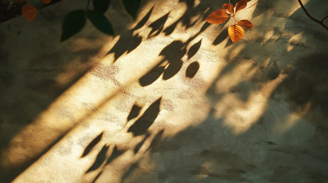 Autumn leaves casting shadows on a textured wall in soft sunlight