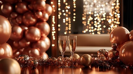 A festive party setup with balloons, sparkling lights, and champagne glasses